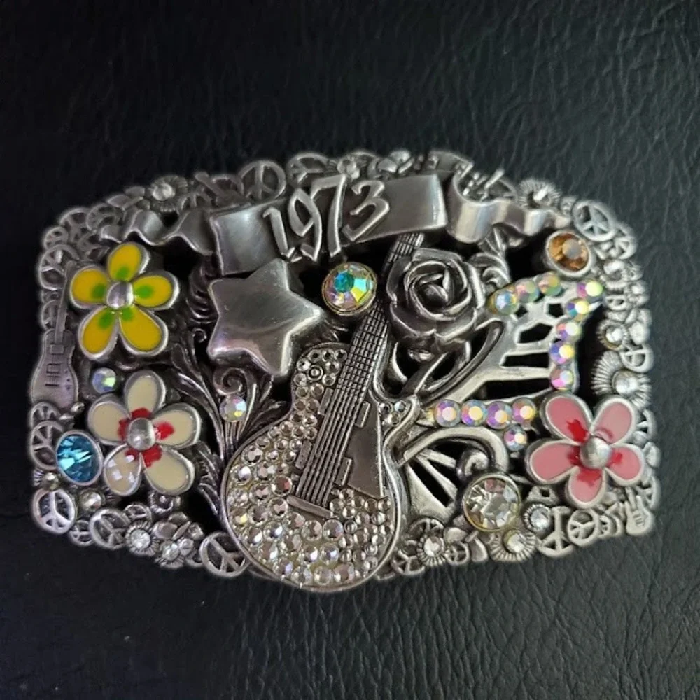 Vintage 1973 Belt Buckle Silver Tone Guitar Flowers Peace Signs Rhinestones Boho